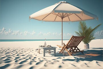 Deckchair, table and parasol on sunny beach, created using generative ai technology