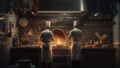 Gourmet chefs in uniform cook in the kitchen. Generative AI
