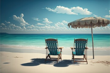 Fototapeta na wymiar Deckchairs and parasol on sunny beach, created using generative ai technology