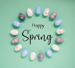 Easter Egg Decoration, Flat Lay, English Text Happy Spring