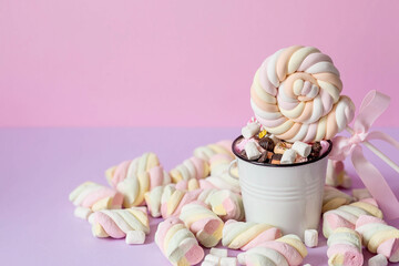 Marshmallows. Chewing candy close-up on a pink background. Dessert of sweet dishes in a white bucket. Pastel colors. A copy of the text space.