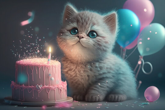 cute cat celebrates birthday. kitten sits near balloons and a cake with candles. ai generative