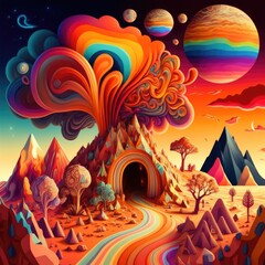Colourful and psychedelic planets with mountains and trees, created using generative ai technology