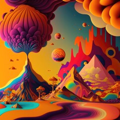 Obraz na płótnie Canvas Colourful and psychedelic planet with mountains and trees, created using generative ai technology