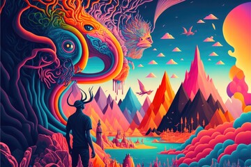 Obraz na płótnie Canvas Colourful and psychedelic planet with mountains and man, created using generative ai technology