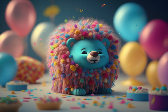 cute lion celebrates birthday. lion cub sits near balloons and a cake with candles. ai generative