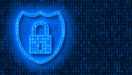Illustation - Protect sign in light blue and in the background in dark blue a coding of binary code. - abstract background
