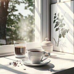 Fresh black coffee with coffee bean on white table, created using generative ai technology