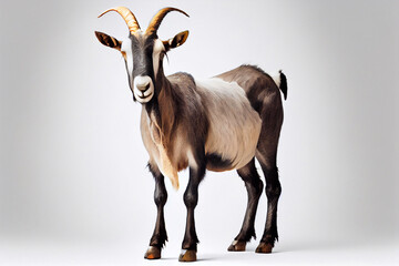Goat with long hair and a goatish look on its face, with a light background. Generative AI