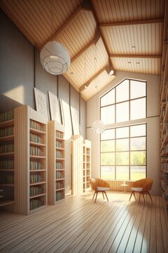 Interior of library with bookcases, armchairs and window created using generative ai technology