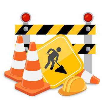 Traffic cones and under construction warning sign. Road safety and prevention of accidents during road construction.
