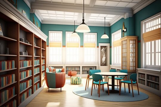 Interior of library with bookcases, table and armchairs created using generative ai technology