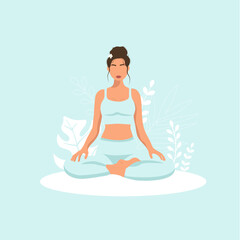  Female cartoon character sitting in lotus posture and meditating. Girl with crossed legs. Colorful flat vector illustration with plants. Faceless poster of young pretty woman for yoga center.