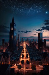 Naklejka premium Cityscape with lit streets with moon and clouds, created using generative ai technology