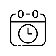 Desk calendar with clock line icon. Important day, reminder, day of the week, month, year, punctuality, anniversary. Time management concept. Vector line icon on white background
