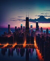 Cityscape with lit streets at sunset with clouds, created using generative ai technology