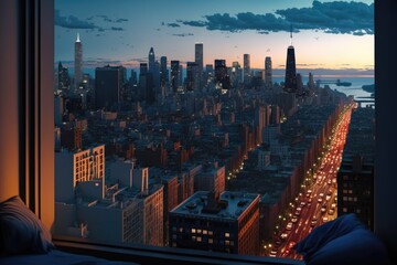 Fototapeta na wymiar Cityscape with lit streets at dusk seen through window, created using generative ai technology