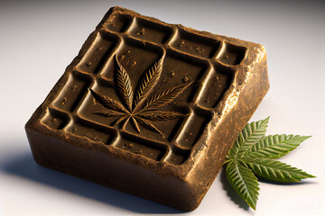 cannabis brown hashish and green leaf closeup illustration Generative AI - obrazy, fototapety, plakaty