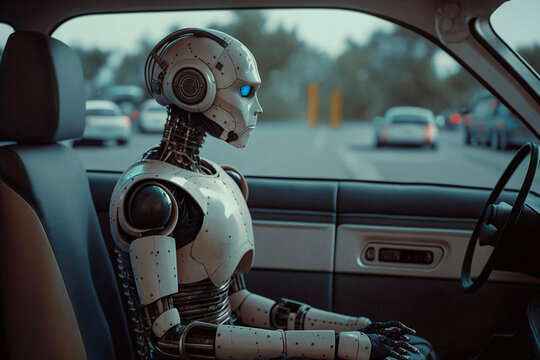 Machine uprising: humanoid robot driving a car, Generative AI