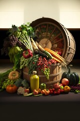Empty room with basket of vegetables and fruit on floor, using generative ai technology