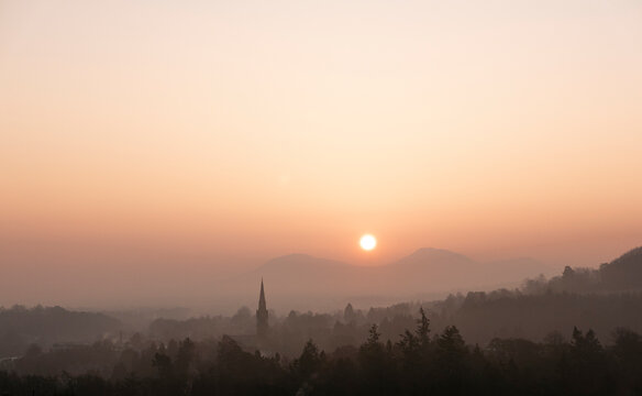 Misty Pink Sunrise over Eildon Hills, Galashiels, Scottish Borders - Powered by Adobe