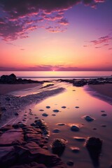 Landscape of beach with rocks over sea and sunset, created using generative ai technology