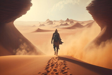 Naklejka premium Tourist climbing up the Dune in sandstorm. Generative AI