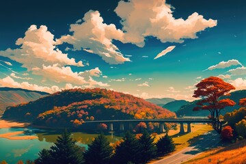 Landscape, clouds over hills and bridge, created created using generative ai technology