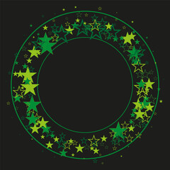Round frame made of green vector stars on black background, design element