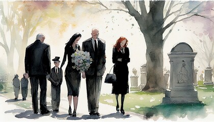 Grieving family wearing black clothing at a funeral. - obrazy, fototapety, plakaty