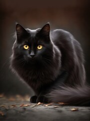 Obraz premium Black cat with yellow eyes on black background created using generative ai technology