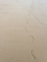 Fototapeta na wymiar Footprints of a young boy on the beach sand
