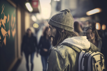 Fototapeta premium Portrait of an attractive and handsome hipster male traveler with stylish hair and beard wearing hat and casual cloth. AI generative.