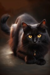 Black cat with yellow eyes and collar on black background created using generative ai technology