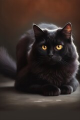Black cat with yellow eyes on orange background created using generative ai technology