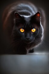 Vertical image of black cat with yellow eyes over a black background, created created using generative ai technology