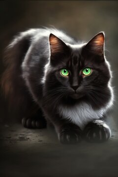 Black cat with green eyes over a black background, created created using generative ai technology