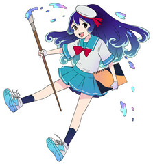 スケッチブックと大きな絵筆を持ったマリン風スタイルの女の子