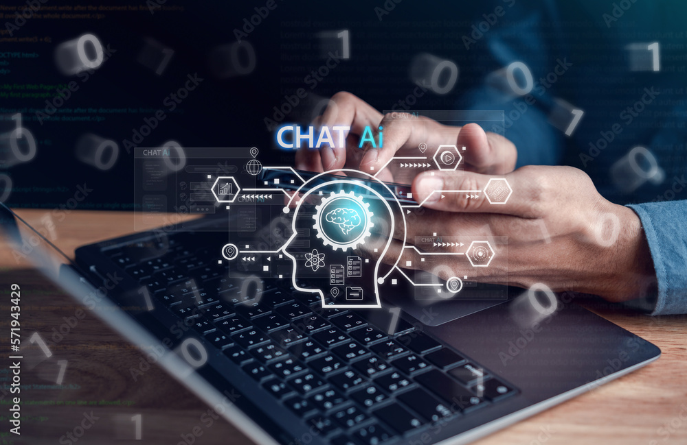 Aufkleber Chat AI, Artificial Intelligence, digital software technology, mobile app development, software coding on laptop computer in business in the digital marketing, Financial and banking.