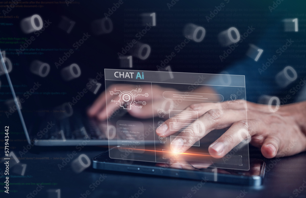 Aufkleber Chat AI, Artificial Intelligence, digital software technology, mobile app development, software coding on laptop computer in business in the digital marketing, Financial and banking.