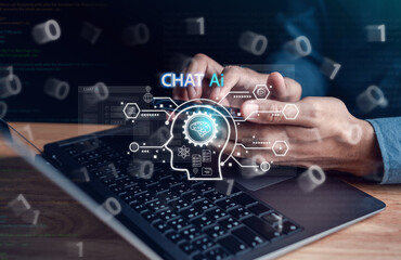 Chat AI, Artificial Intelligence, digital software technology, mobile app development, software coding on laptop computer in business in the digital marketing, Financial and banking.