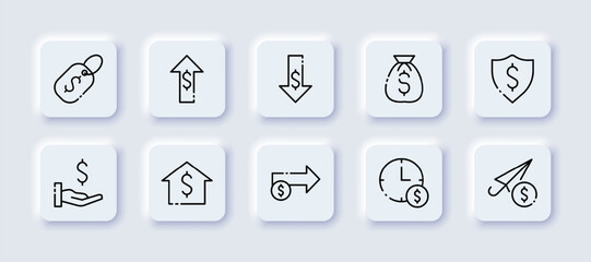 Money set icon. Hand with a coin, payment, salary, stack of coins, dollar, cent, mail, marketing ploy, list, spam, target audience, tax protection. Neomorphism style. Vector line icon