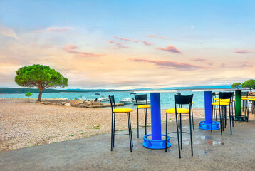 View of beach and open cafe in Crikvenica town. Kvarner bay, Croatia