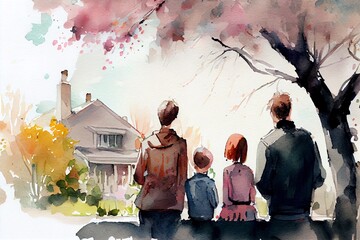 Family walking in front of a house in spring. AI Generative Art.