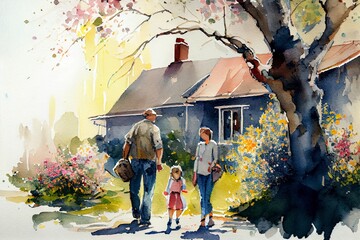 Grandparents with their grandchild walking in spring with a suburban house in the background. AI Generative Art.