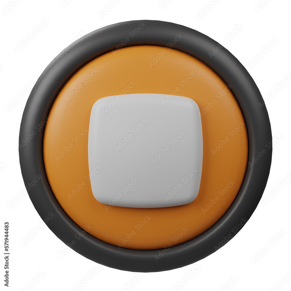 Poster 3d icon orange round stop button with black border, stop button interface symbol isolated on white b