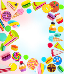 Bright children's background of different cakes, lollipops and sweets