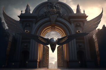 Majestic ancient castles with metal gates. Gothic gate with a battle angel. Fantasy architecture, magic. AI
