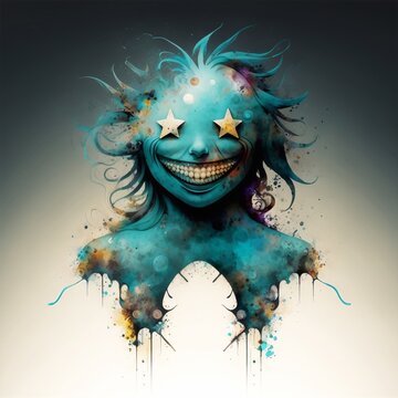 Haariger Smiley mit Sternenaugen, made by Ai, AI-Art