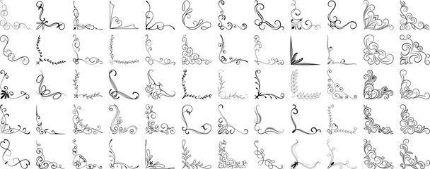 Set of ornamental corners in different style. Vector floral corners set